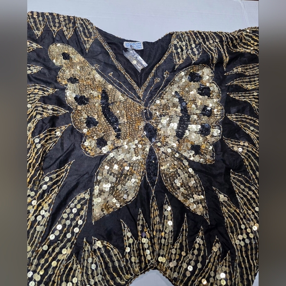 Vintage 70's Sequins Butterfly Retro Disco Womans M 100% Silk Beads Gold Black - Picture 3 of 11
